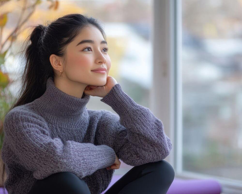 De strategie van de Generator wacht op een reactie Een vrouw die bij een raam zit met een zelfverzekerde, ontspannen glimlach