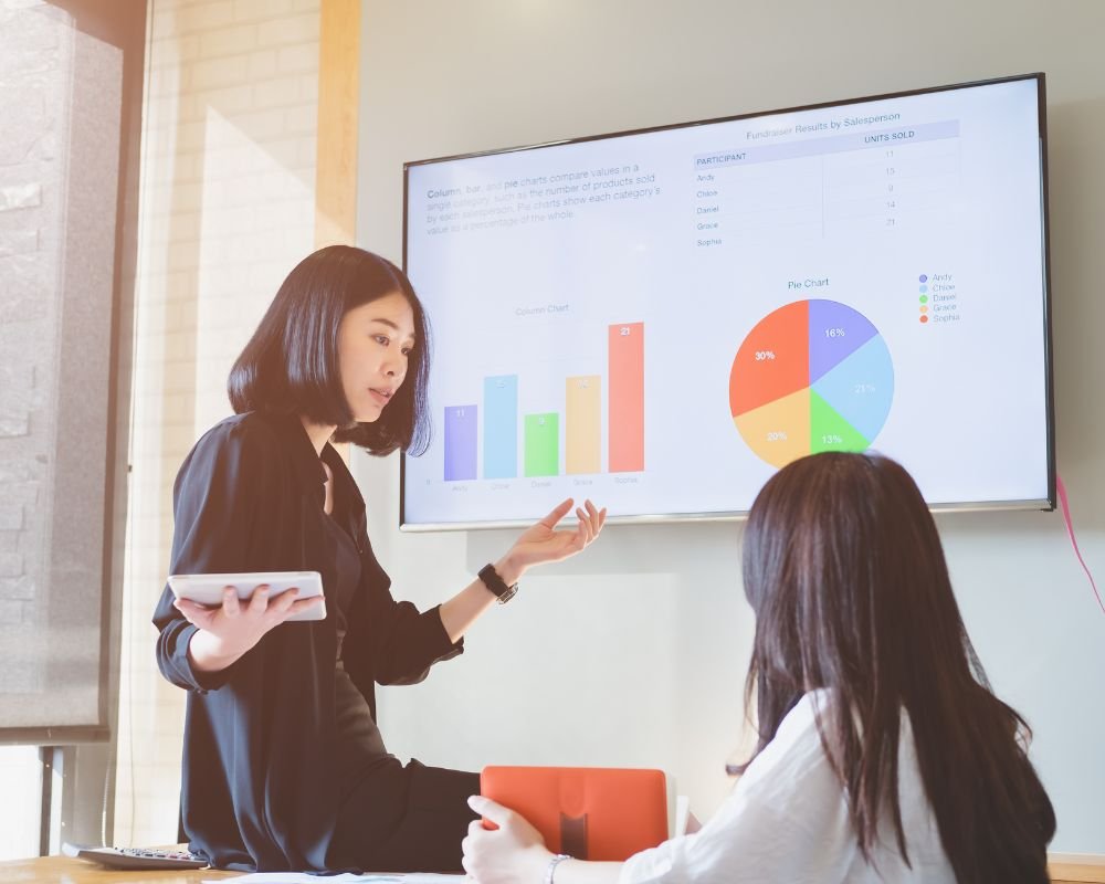 Een vrouw die op een zelfverzekerde en gezaghebbende manier met een andere medewerker op kantoor praat.