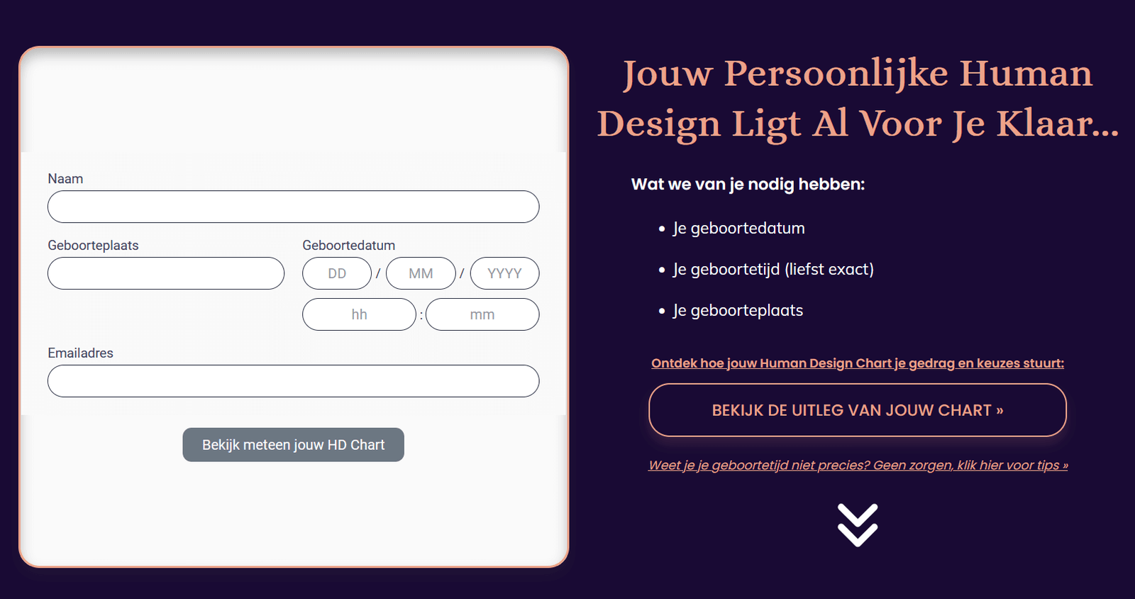 Afbeelding van het formulier voor het invoeren van gegevens om een gratis Human Design-diagram te genereren